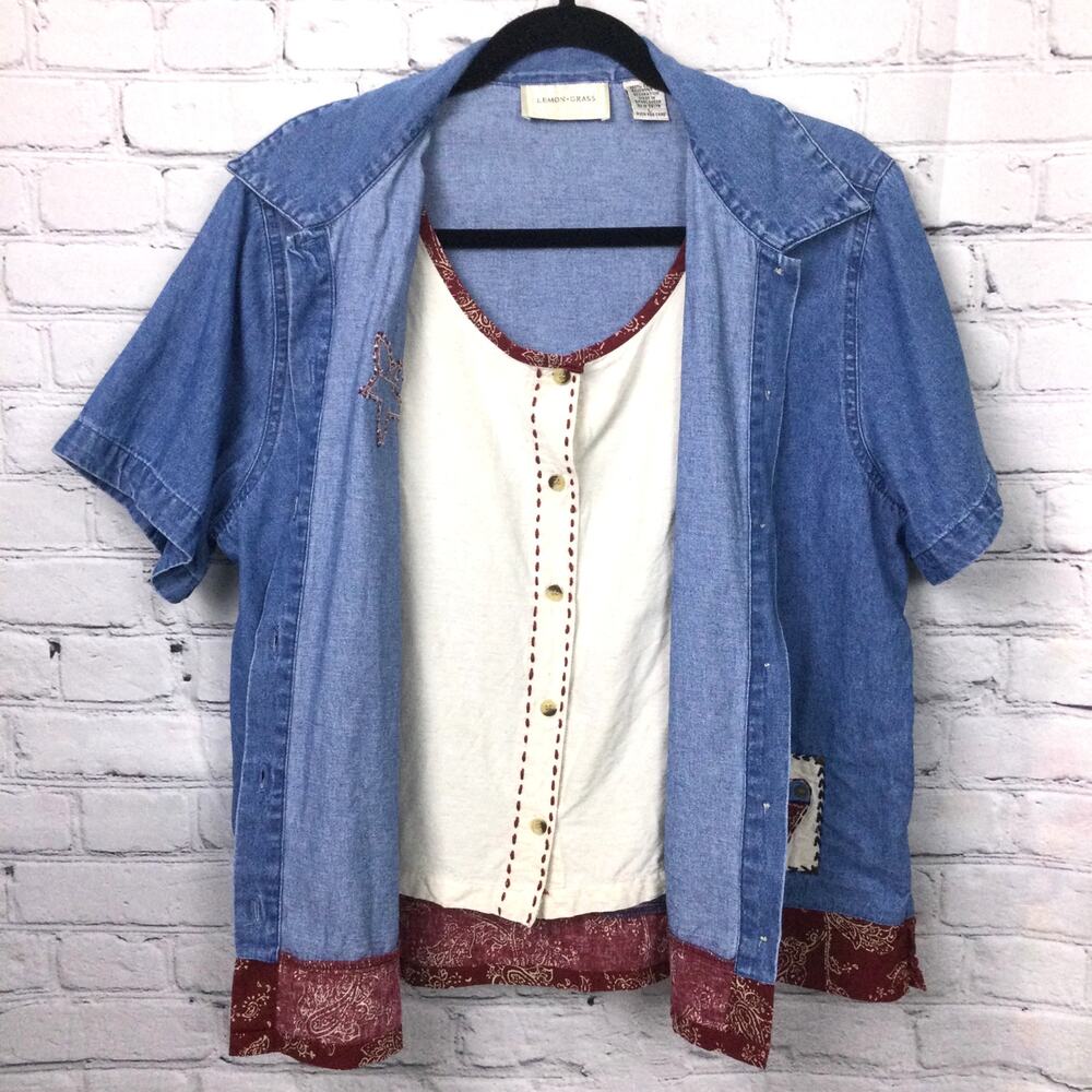 Lemon Grass VTG Chambray Farmcore Patch Short Sleeve Blue Collared Shirt Large - Picture 3 of 14